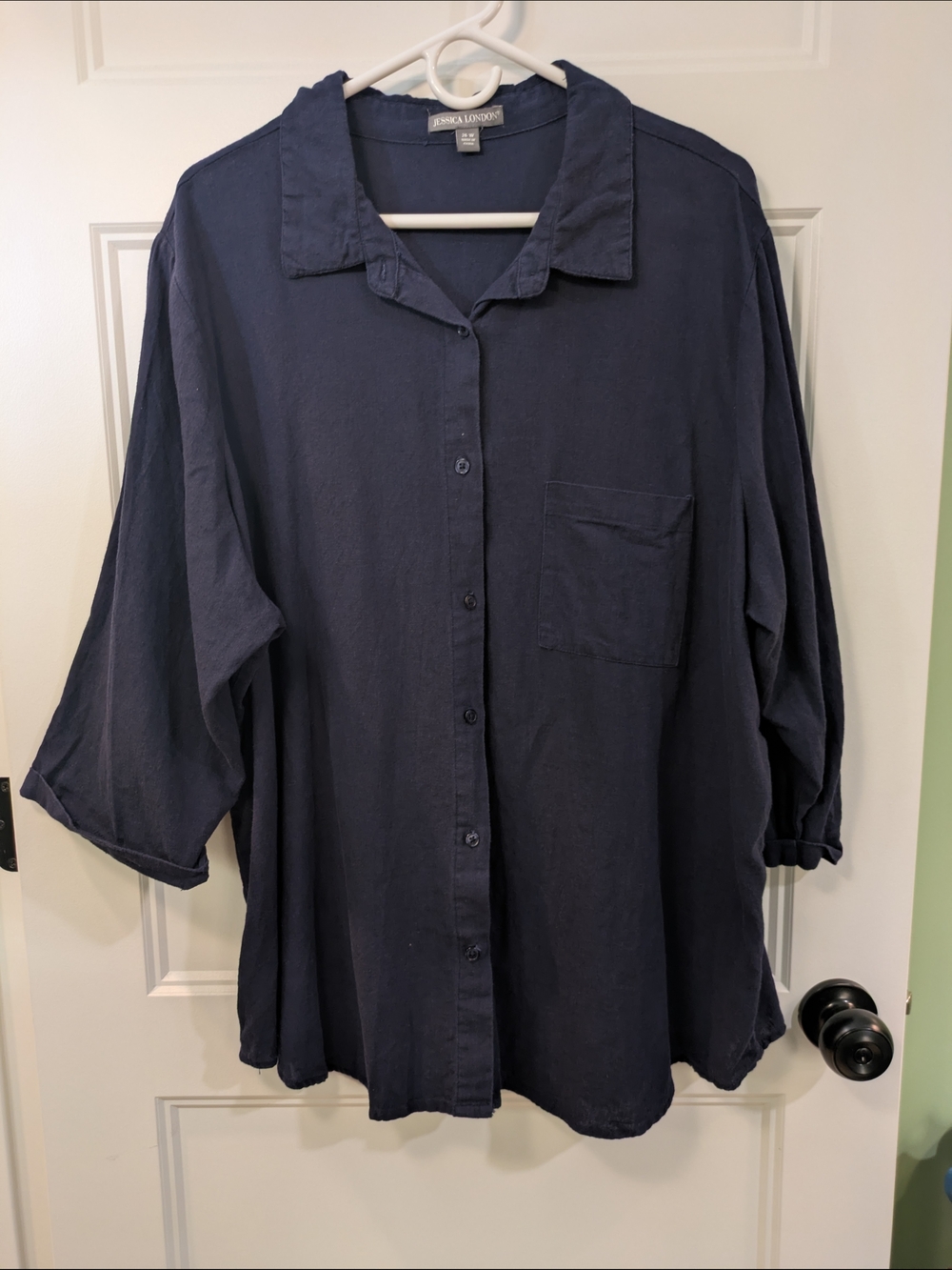 Jessica London Linen- blend Navy Button-Down Shirt